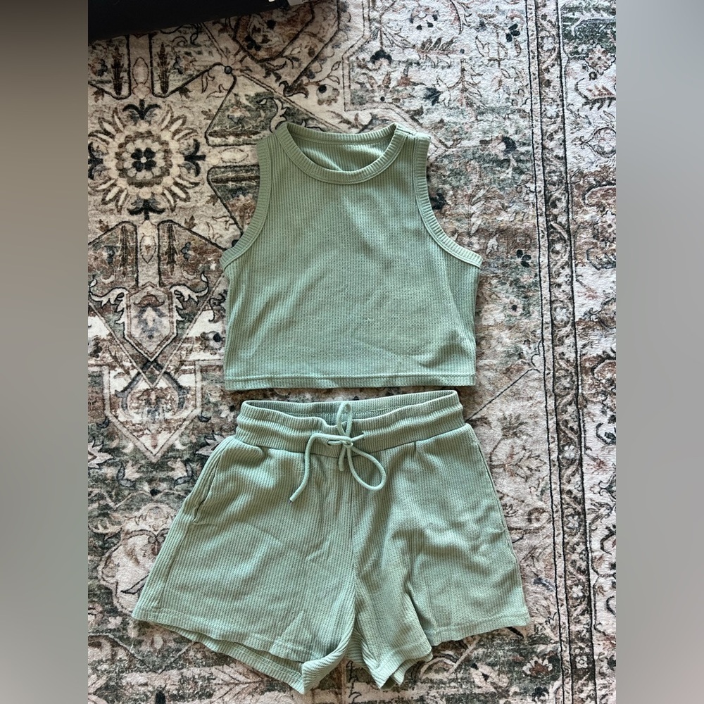 Green Ribbed Tank and Shorts Set